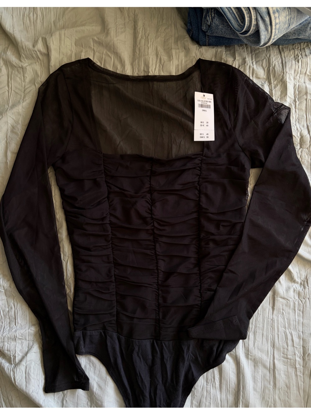 Abercrombie Black Smocked Bodice Sheer Sleeve Bodysuit